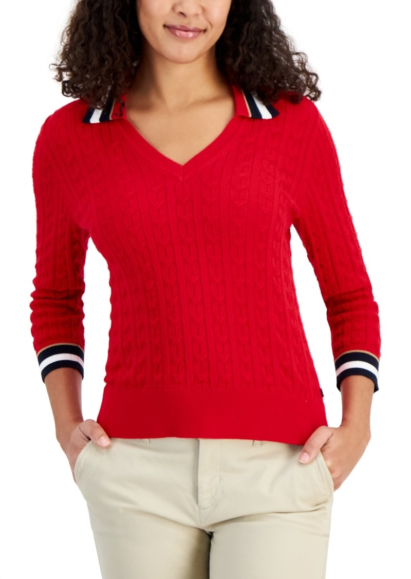 Tommy Hilfiger Women's Cotton Striped-Collar Cable-Knit Sweater - Scarlet Multi