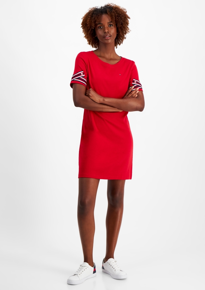 Tommy Hilfiger Women's Cotton Striped Tape-Trim T-Shirt Dress - Chili Pepper