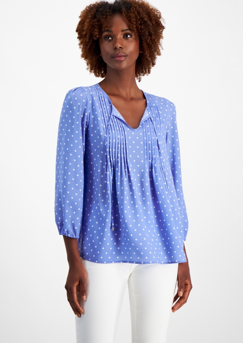 Tommy Hilfiger Women's Diamond-Dot Pintucked Peasant Blouse - French Blue Multi