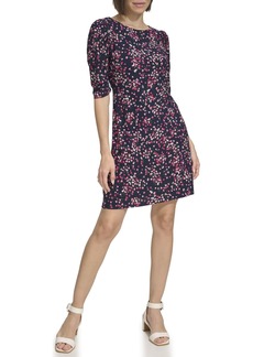 Tommy Hilfiger Women's Floral Jersey Short Puff Sleeve Dress Sky Captain/hot Pink