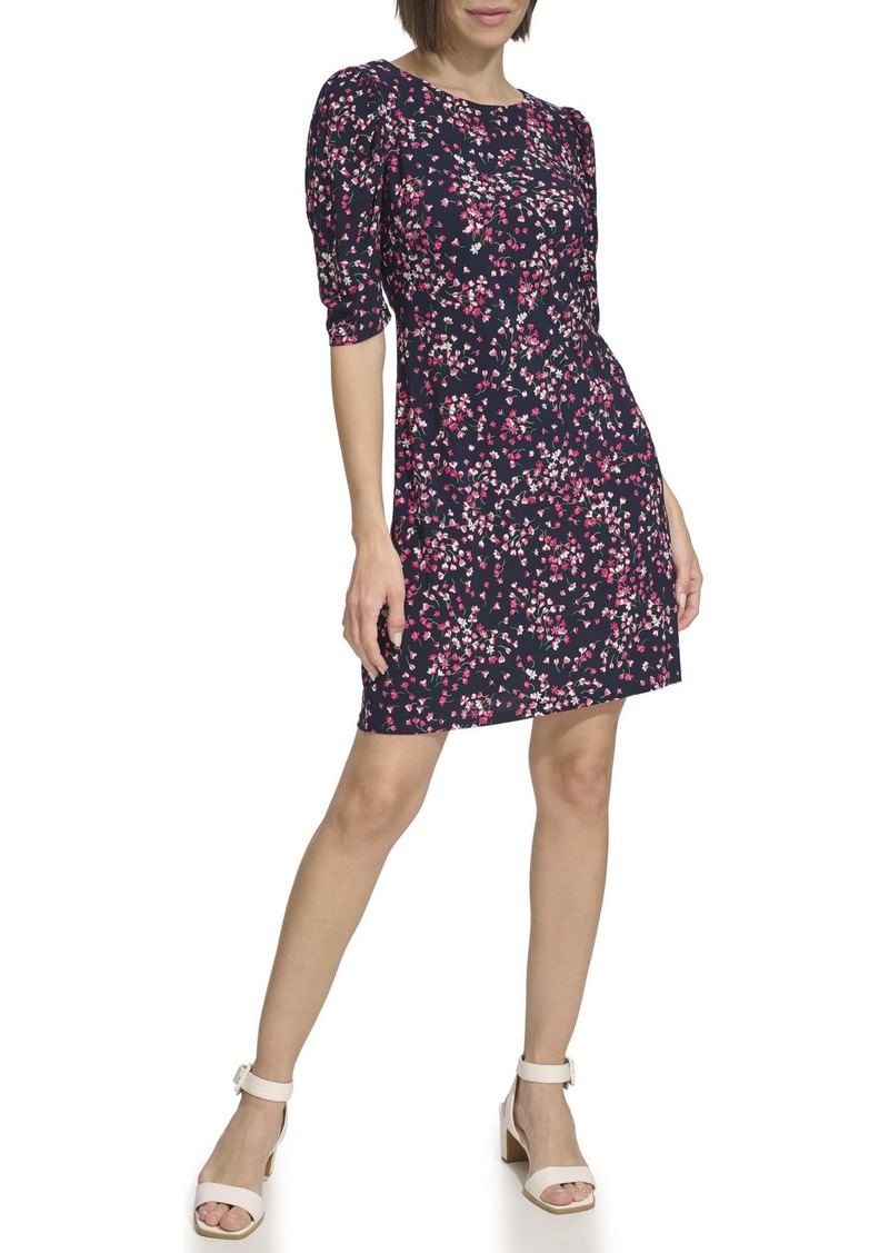 Tommy Hilfiger Women's Floral Jersey Short Puff Sleeve Dress Sky Captain/Bloom