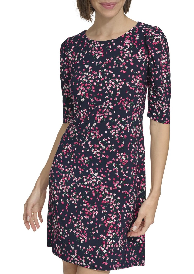 Tommy Hilfiger Women's Floral Jersey Short Puff Sleeve Dress Sky Captain/hot Pink