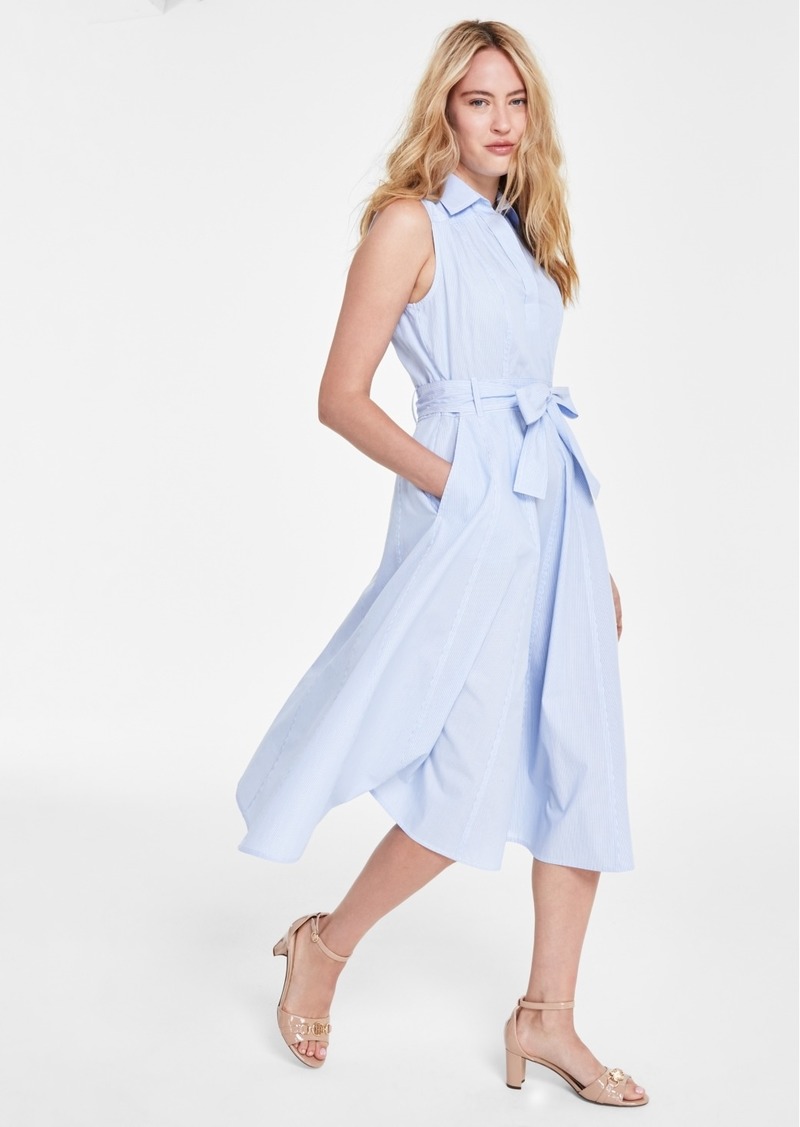 Tommy Hilfiger Women's Floral Print Cotton Belted Sleeveless Shirtdress - Cornflower Blue/white
