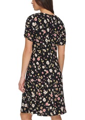 Tommy Hilfiger Women's Floral-Print Ruched Sleeve Dress - Black Multi