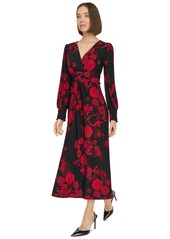 Tommy Hilfiger Women's Floral Surplice-Neck Smocked-Cuff Dress - Black/Scarlet