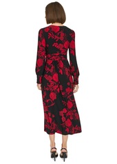 Tommy Hilfiger Women's Floral Surplice-Neck Smocked-Cuff Dress - Black/Scarlet