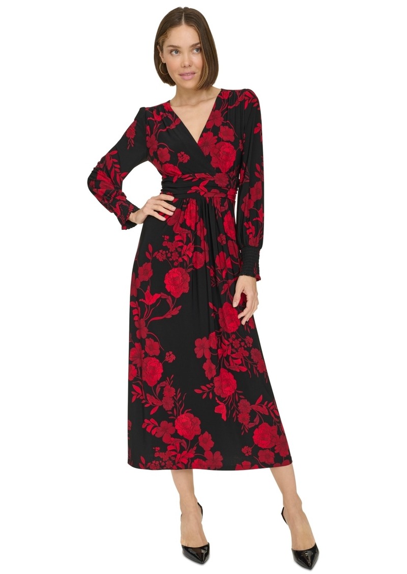 Tommy Hilfiger Women's Floral Surplice-Neck Smocked-Cuff Dress - Black/Scarlet