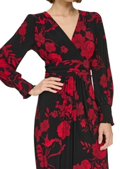 Tommy Hilfiger Women's Floral Surplice-Neck Smocked-Cuff Dress - Black/Scarlet