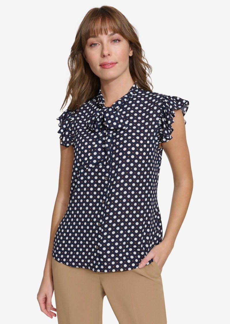 Tommy Hilfiger Women's Flutter-Sleeve Dot-Print Blouse - Midnight/Tobacco