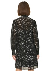 Tommy Hilfiger Women's Foil-Dot Chiffon Smocked-Trim Dress - Black/Gold