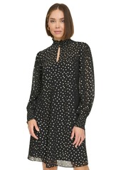 Tommy Hilfiger Women's Foil-Dot Chiffon Smocked-Trim Dress - Black/Gold