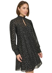 Tommy Hilfiger Women's Foil-Dot Chiffon Smocked-Trim Dress - Black/Gold