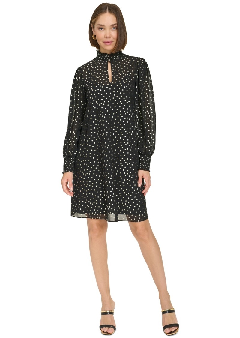 Tommy Hilfiger Women's Foil-Dot Chiffon Smocked-Trim Dress - Black/Gold