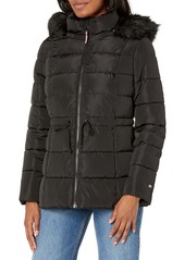 TOMMY HILFIGER Women's Fur Hood Zip Up Short Puffer Jacket