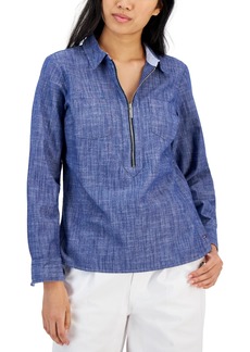 Tommy Hilfiger Women's Half-Zip Roll-Tab Shirt - Chambray Blue