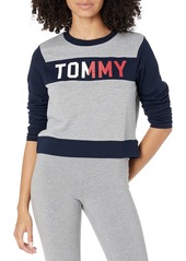 Tommy Hilfiger Women's Long Pullover Logo Sweater Sweatshirt Pajama Top Pj Heather Grey with Blue Sleeves Color Block