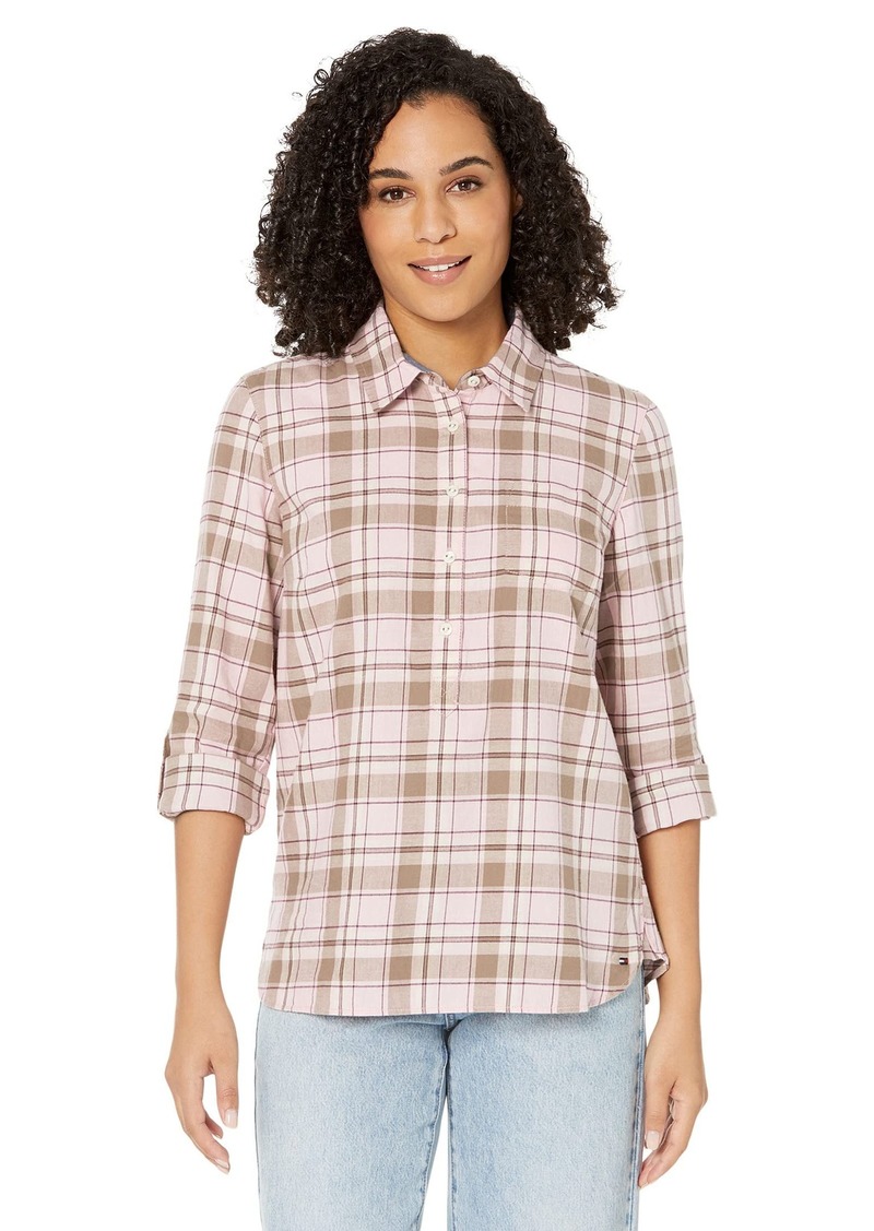 Tommy Hilfiger Women's Long Sleeve Half Button Roll Tab Popover Shirt
