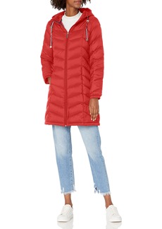 Tommy Hilfiger Women's Mid-Length Puffer Hooded Down Jacket with Drawstring Packing Bag