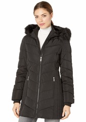 Tommy Hilfiger Women's Mid Length Down Alternative Jacket with Faux Fur Trim Hood black