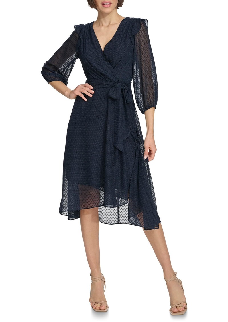 Tommy Hilfiger Women's Midi Length Self-tie Belt Metallic Chiffon Fabric Dress