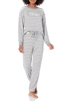 Tommy Hilfiger Women's Mixed Long Sleeve Pullover Top & Turn Back Joggers Pajama Set Pj Heather Grey TH Rugby Stripe XL