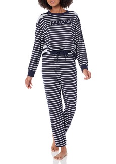 Tommy Hilfiger womens Mixed Striped Long Sleeve Pullover Top & Turn Back Joggers Pj Pajama Set   US