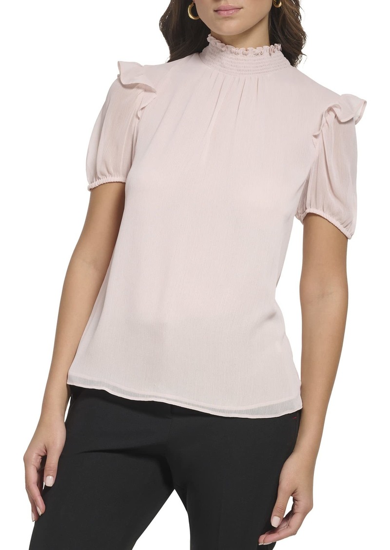 Tommy Hilfiger Women's Mock Neck Solid Blouse Short Sleeve Sportswear Shirts