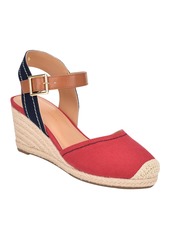 Tommy Hilfiger Women's Nilsa Classic Close Toe Wedge Sandal - Red Multi - Textile, Faux Leather - Poly