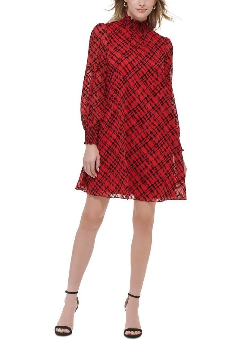 Tommy Hilfiger Women's Petite Long Sleeve Lux Plaid Printed Chiffon Dress