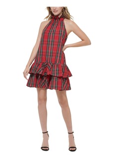 Tommy Hilfiger Women's Petite Sleeveless Bold Plaid Taffeta Ruffle Neck and Hem Dress