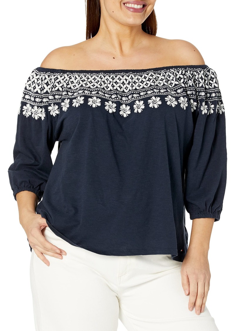 Tommy Hilfiger Women's Plus Off Shoulder Floral Neckline 3/4 Sleeve Shirt Sky CAPT