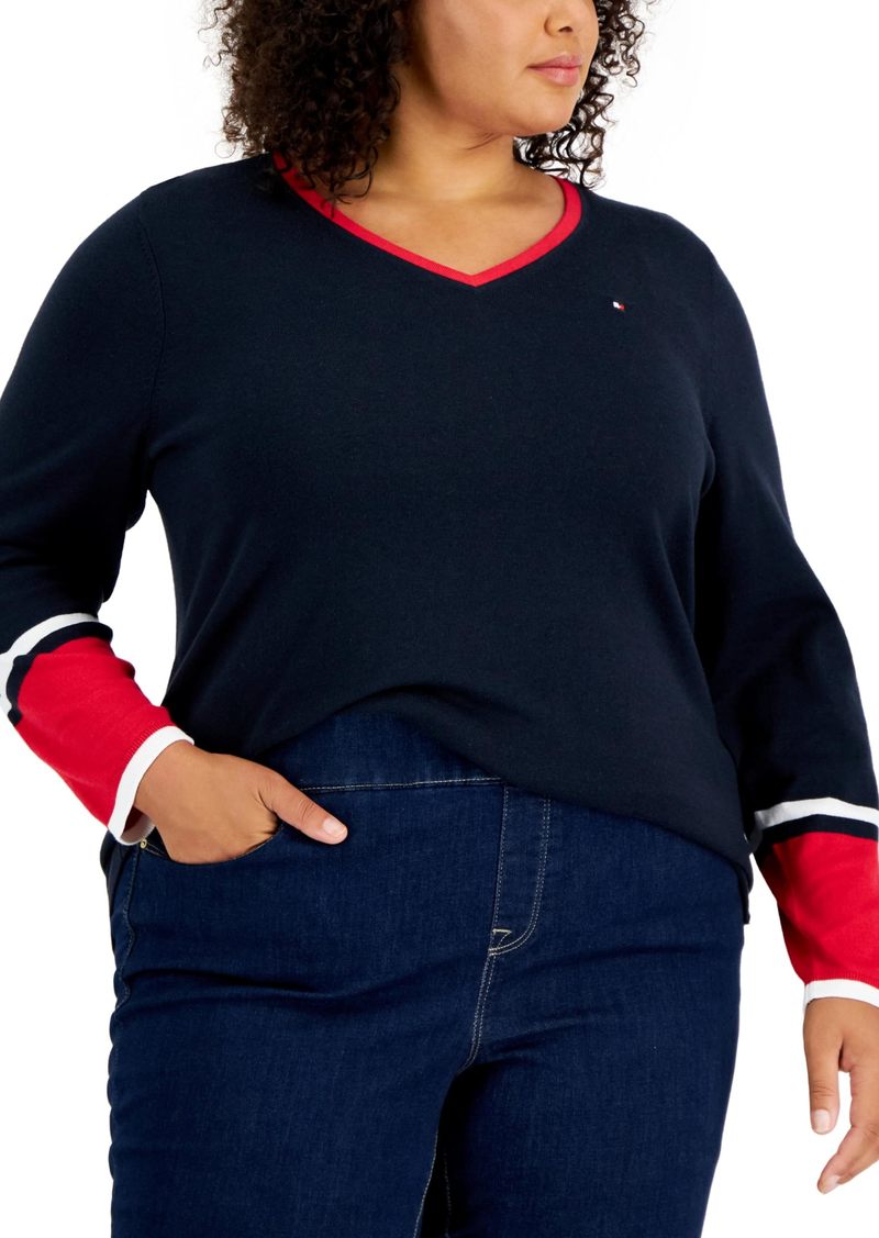 Tommy Hilfiger Women's Plus Ivy Cotton Long-Sleeve Sweater SKY CAPT MULTI