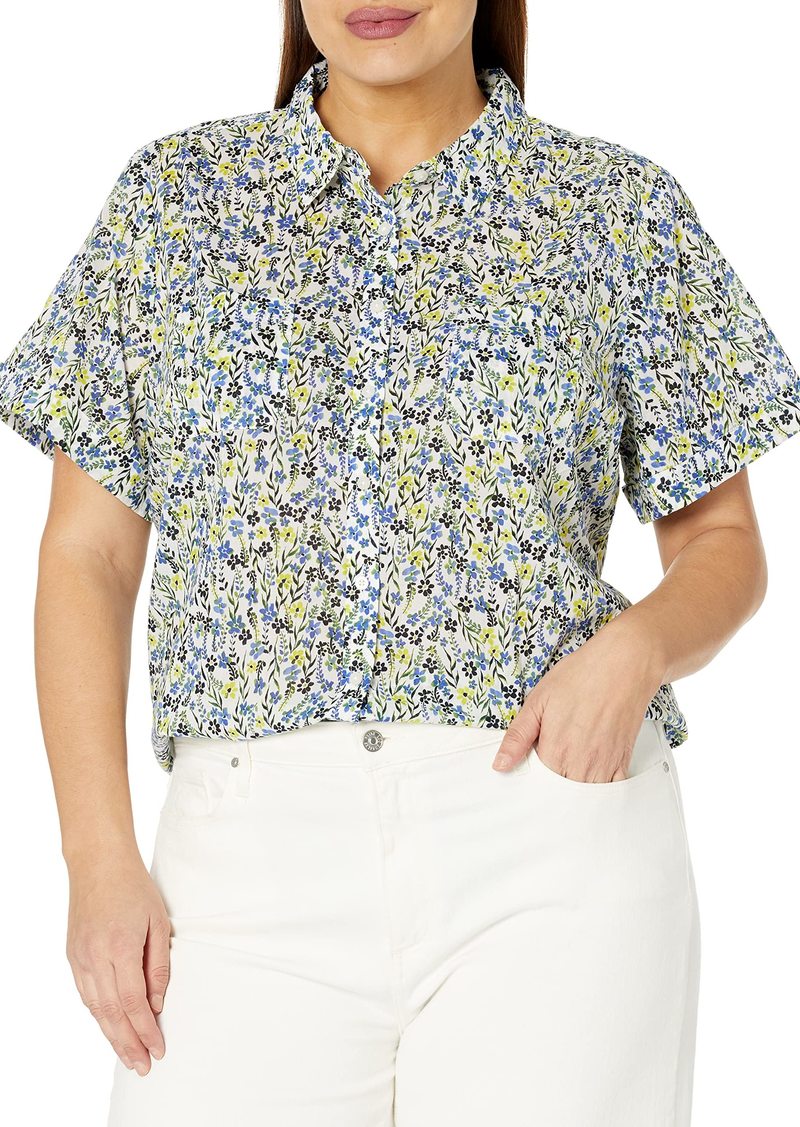 Tommy Hilfiger Womens Short Sleeve Camp Shirt Printed Pindot Button Down