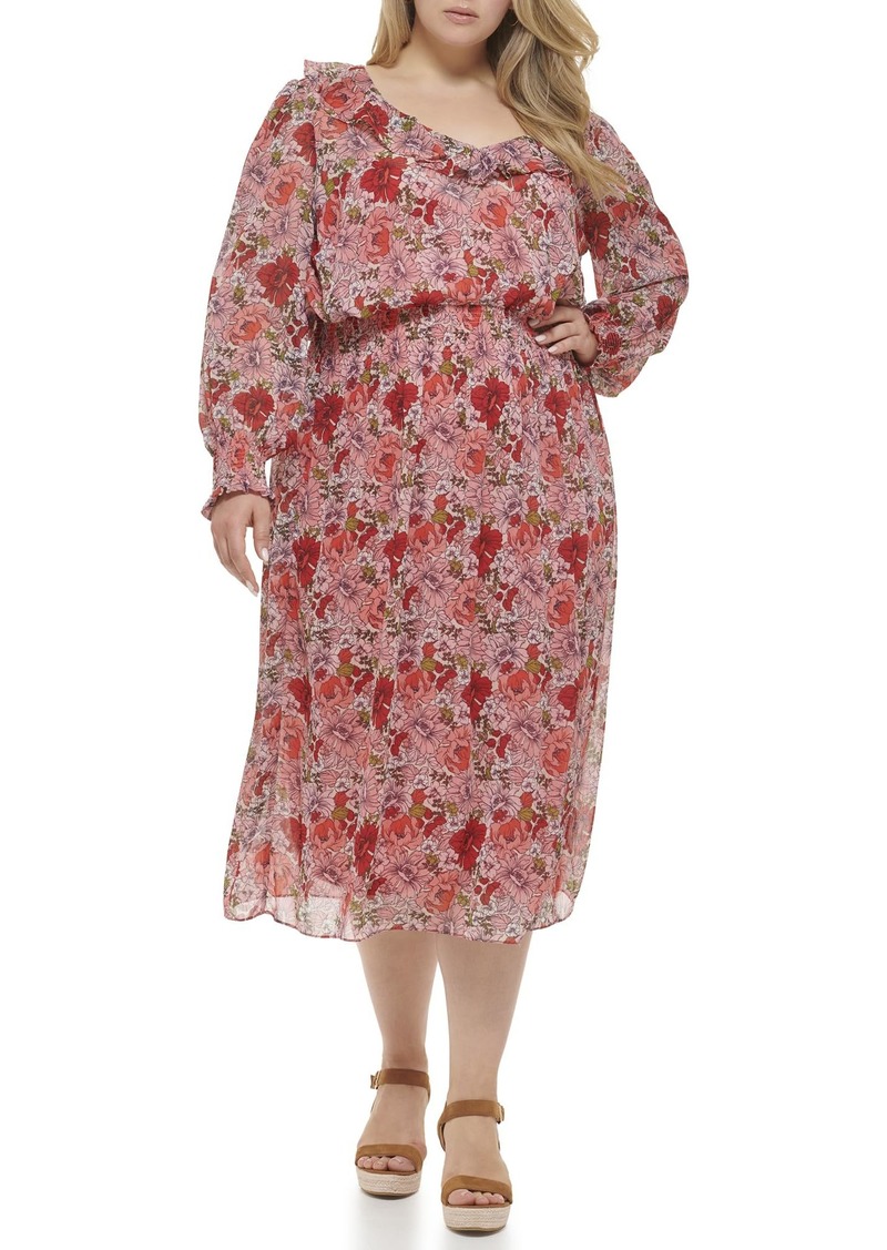 Tommy Hilfiger Women's Plus Size Chiffon Fabric Long Sleeve Dress
