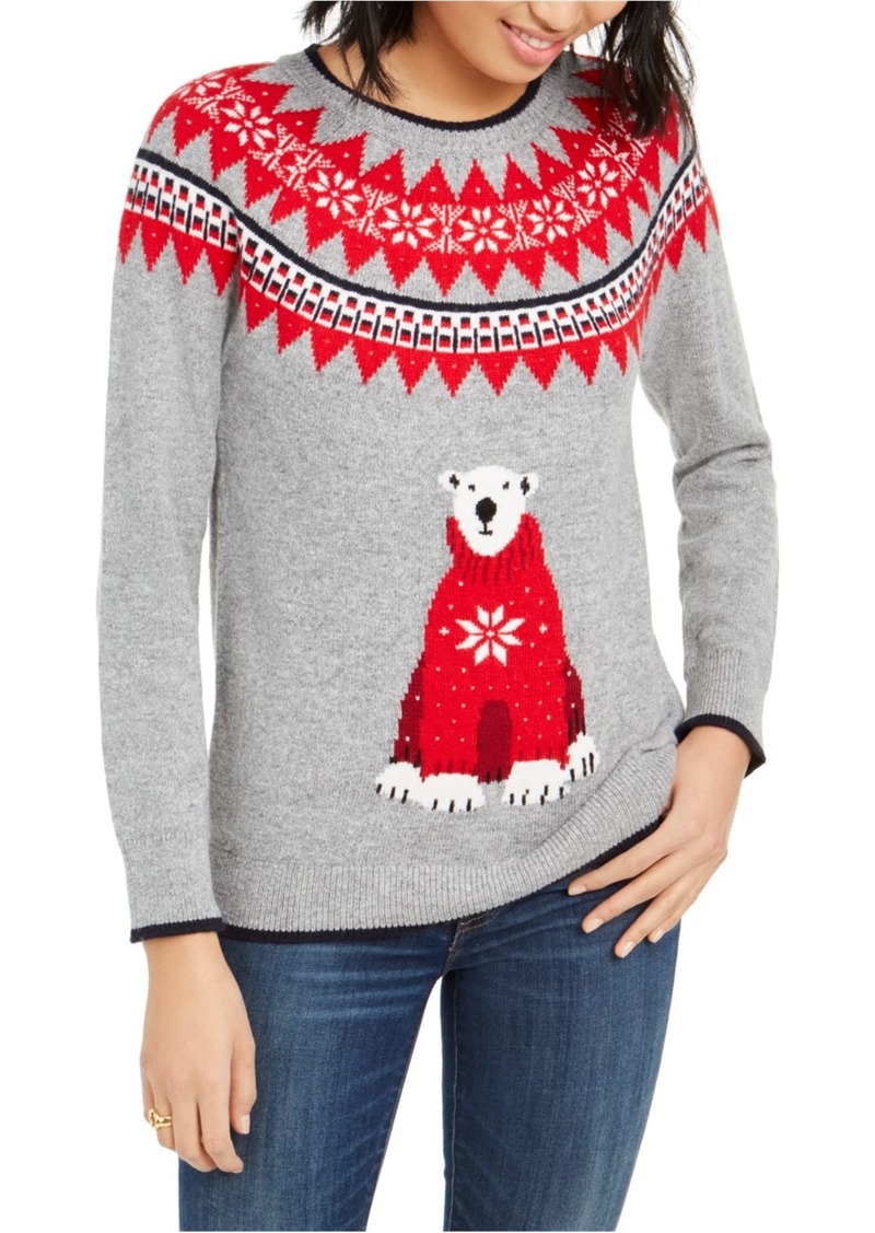 Tommy Hilfiger Womens Polar Bear Pullover Sweater  Heather Grey Multi