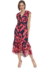 Tommy Hilfiger Women's Printed Flutter-Sleeve Ruffled High-Low Midi Dress - Skycpt/prd