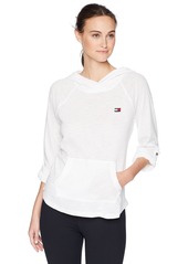 Tommy Hilfiger Women's Raglan Long Sleeve Hooded Tee with Kangaroo Pocket and Embroidered Logo