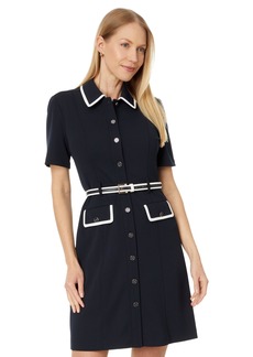 Tommy Hilfiger Women's Removable Belt Point Collar Logo Enamel Buttons Dress