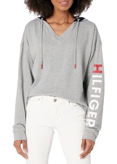 Tommy Hilfiger Women's Retro Style Hoodie Sweatshirt Sweater with Hilfiger Logo Heather Grey XL