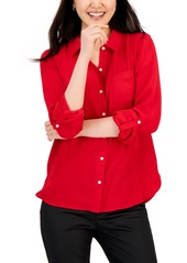 Tommy Hilfiger Women's Roll-Tab-Sleeve Button-Down Emblem Shirt - Scarlet