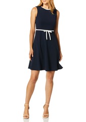 Tommy Hilfiger Women's Scuba Crepe Fit and Flare Dress with Bow Tie Sky Captain/Ivory
