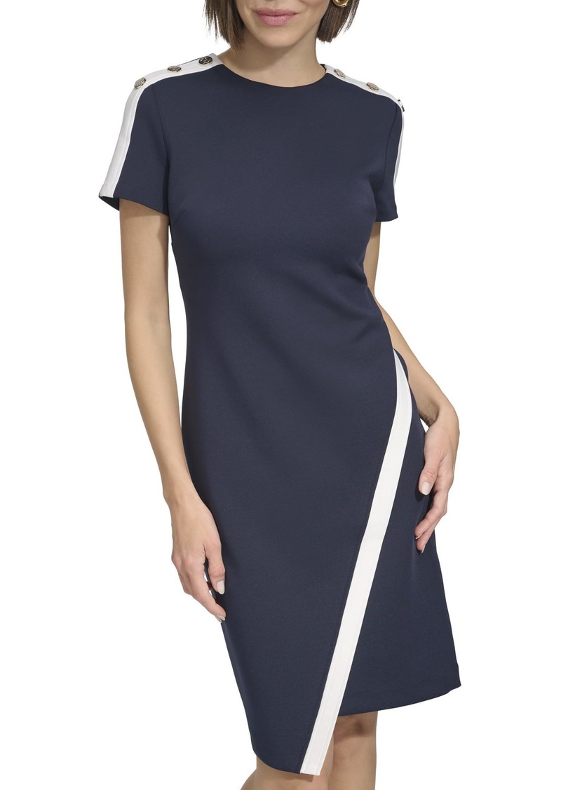 Tommy Hilfiger Women's Scuba Fabric Button Details at Shoulders Asymmetrical Hemline Dress
