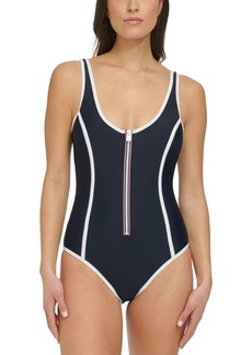 Tommy Hilfiger Women's Seamed One-Piece Zip-Up Swimsuit - Sky Captain