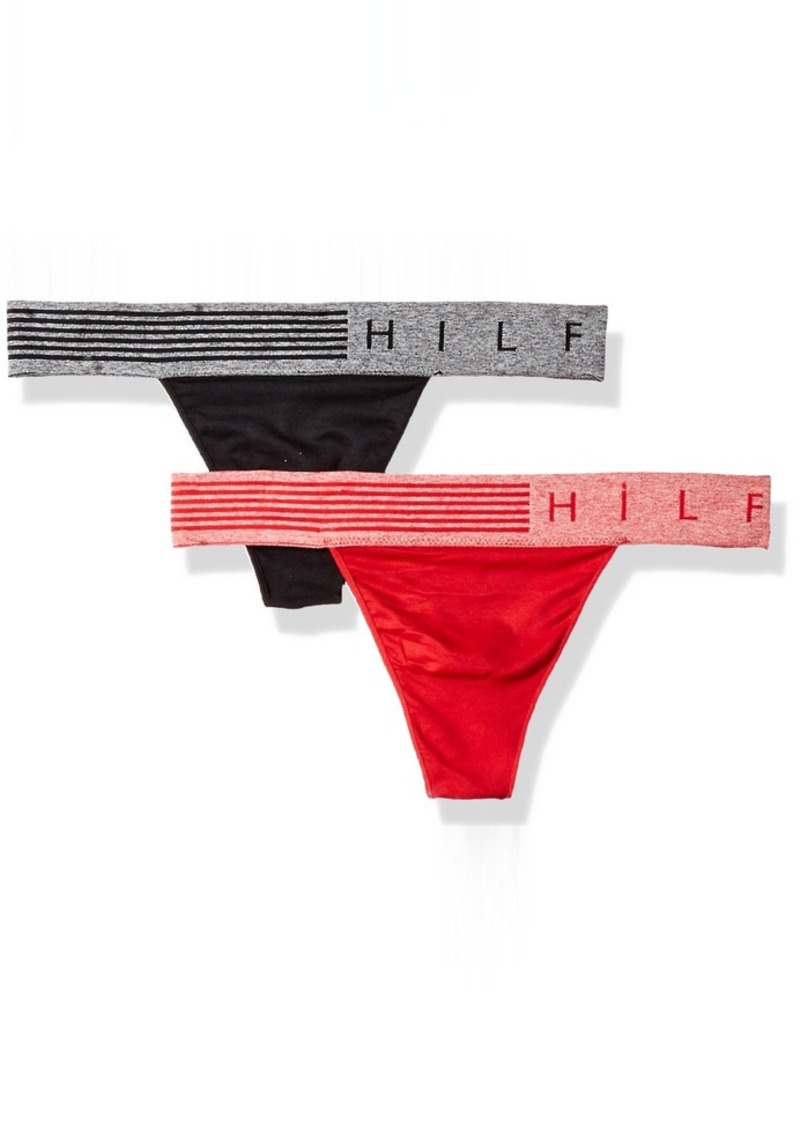 Tommy Hilfiger Women's Seamless Thong Underwear Panty 2 Pack Heather Stripe Band Black Tango Red