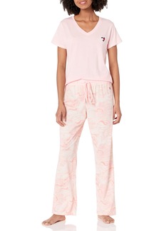 Tommy Hilfiger Women's Top Short Sleeve V-Neck Heart Logo Pant Bottom Pajama Set Pj 2Pc