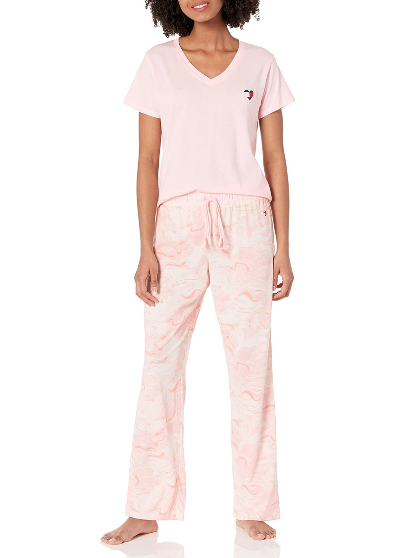 Tommy Hilfiger Women's Top Short Sleeve V-Neck Heart Logo Pant Bottom Pajama Set Pj 2Pc  Extra Large