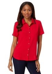 Tommy Hilfiger Women's Short Sleeve Button Up with Ribbed Collar