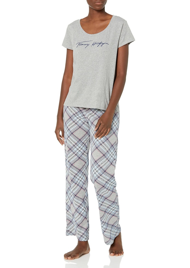 Tommy Hilfiger Women's Short Sleeve Logo Tee Top & Bottom Pant Pajamas Set Pj Heather Grey & TH Signature Fall Plaid Heather Grey XL