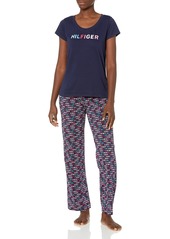 Tommy Hilfiger womens Short Sleeve Logo Tee Top & Bottom Pant Pj Pajama Set Peacoat Th Multi Name Allover Letters Peacoat  US