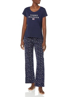 Tommy Hilfiger womens Short Sleeve Logo Tee Top & Bottom Pant Pj Pajama Set Peacoat Tossed Th and Flags Peacoat  US